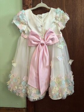Rare Editions White Dress with Pink Bow and Pastel Floral Appliques